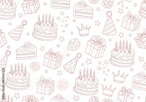 Seamless pattern of birthday celebration elements cakes, gifts, party hats, and crowns, hand drawn sketch style