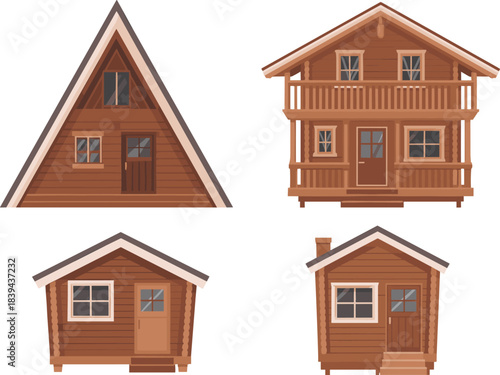 Wooden cabin illustrations, cozy cottages, A-frame house, log cabin, rustic homes, cabin fronts, wood houses, flat vector design