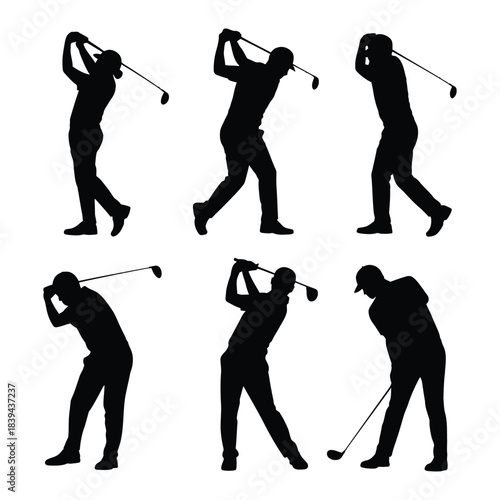 Set of golf player silhouette isolated on transparent background vector illustration, golfer hitting a ball and holding a golf stick in different poses