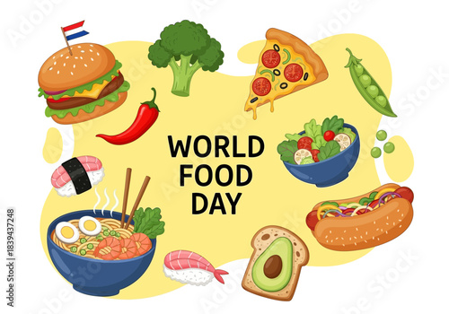 World food day illustration with various international dishes and ingredients, white