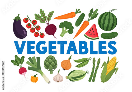 Collection of colorful fresh vegetables and the word vegetables