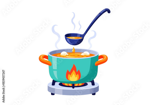 Cooking soup in a pot on a stove with steam and ladle