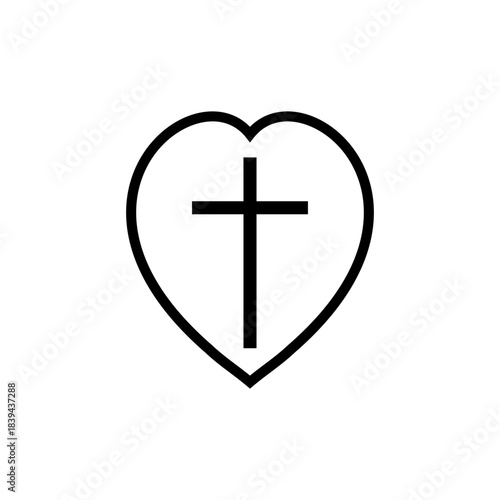 Church heart icon with religious cross. Outline vector illustration.