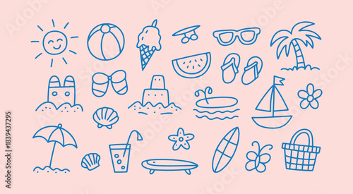 Playful hand-drawn summer beach doodle set with cute line art icons including sun, surfboard, ice cream, sailboat, shells, and palm tree