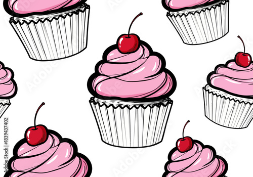 Seamless pattern of delicious pink frosted cupcakes with cherries, sweet dessert background, bakery illustration, food wallpaper