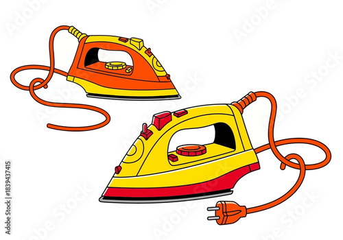 Two electric irons for clothes ironing, one orange and one yellow and red