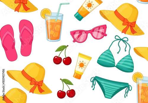 Summer vacation and beach accessories set with bikini, sun hat, flip flops, sunglasses, juice, and sunscreen