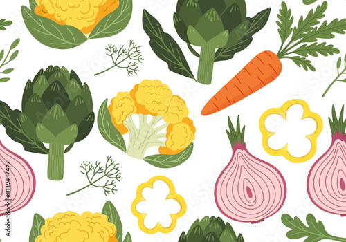 Seamless pattern of fresh vegetables like cauliflower, artichoke, carrot, onion, and bell pepper slices, handdrawn style