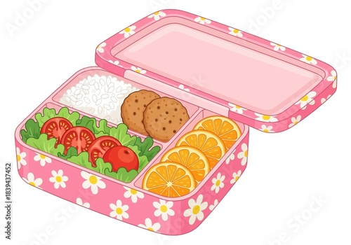 Cute pink bento box lunch with rice, cookies, sliced tomatoes, lettuce, and orange slices