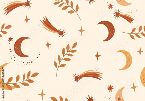Boho celestial seamless pattern with crescent moons, falling stars, and botanical elements in warm earthy tones