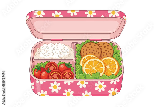 Cute pink bento box with daisy pattern, filled with rice, cookies, orange slices, and cherry tomatoes
