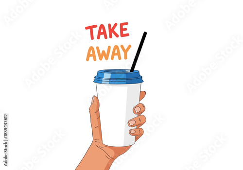 Hand holding a takeaway coffee cup with take away text