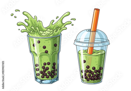 Matcha bubble tea with tapioca pearls splashing in a glass and served in a plastic cup with straw, illustration