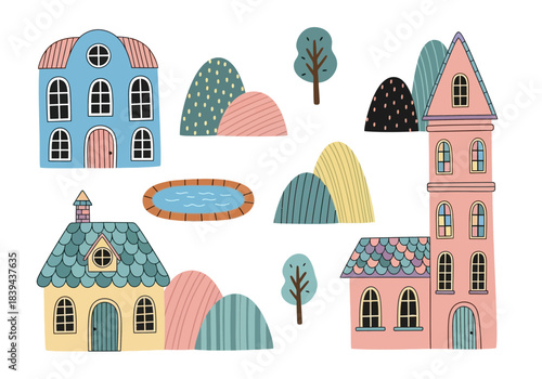 Collection of cute cartoon houses and landscape elements like hills and trees
