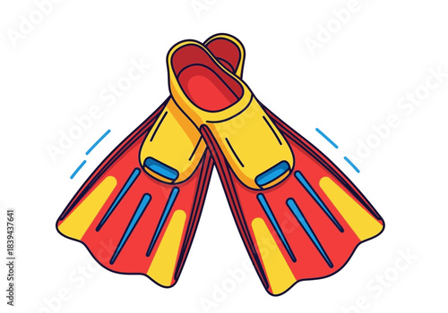 Pair of yellow and red swimming flippers for snorkeling and diving