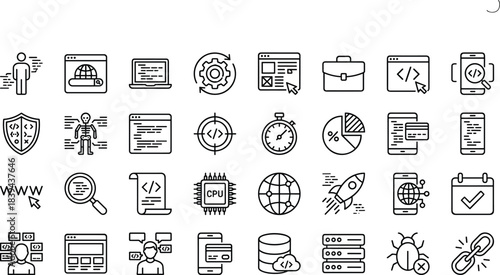 Web development, coding, software engineering, UI design, data processing, cybersecurity icons set featuring programming, analytics, performance, cloud 