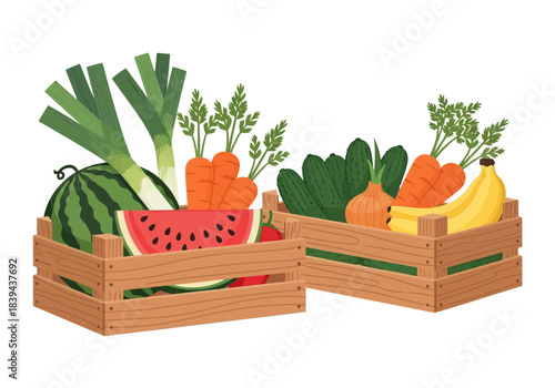 Two wooden crates filled with fresh fruits and vegetables, including watermelon, leeks, carrots, cucumbers, onions, and bananas