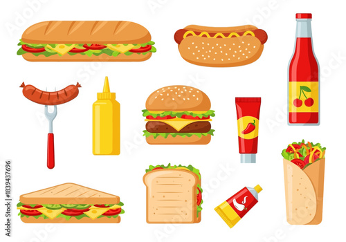 Assortment of fast food items and condiments, including sandwich, hot dog, burger, wrap, and sauces