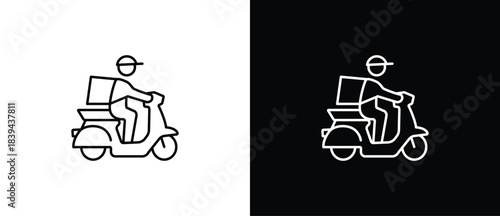 Delivery man with scooter icon. Scooter delivery vehicle icons representing various delivery activities. Fast delivery icon with transparent and black background. Editable strokes.