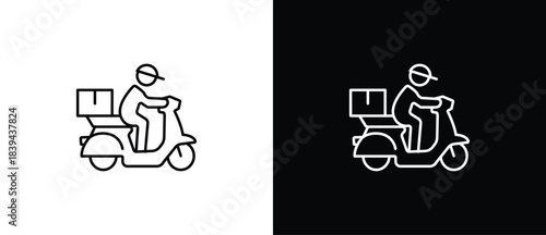 Delivery courier icons. Scooter delivery vehicle icons representing various delivery activities. Fast delivery icon with transparent and black background. Editable strokes.