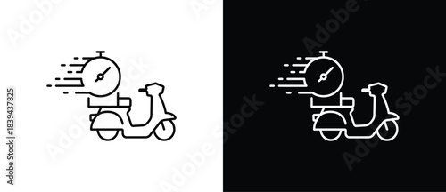 Fast Delivery timer icon. Scooter delivery vehicle icons representing various delivery activities. Fast delivery icon with transparent and black background. Editable strokes.