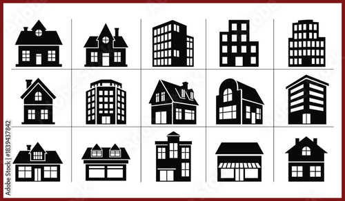 Vector illustration set of various architectural buildings, including residential homes, modern apartments, commercial offices, and small business storefronts, black silhouette icons collection.