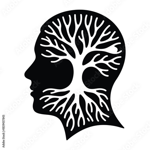 Tree of life inside human head silhouette on transparent background representing mental growth knowledge and spiritual enlightenment vector illustration