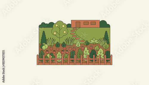 A compact edible garden thriving in a front yard blending ornamental plants with fruits and vegetables for a functional landscape.