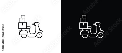 Delivery scooter with box icon. Scooter delivery vehicle icons representing various delivery activities. Fast delivery icon with transparent and black background. Editable strokes.