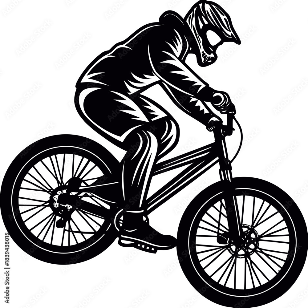 Naklejka premium Dynamic black and white vector illustration depicting an energetic athletic cyclist in full protective gear riding a robust sport bicycle showcasing an extreme biking