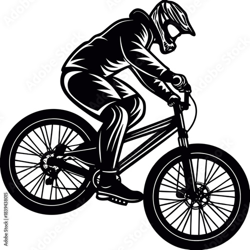 Dynamic black and white vector illustration depicting an energetic athletic cyclist in full protective gear riding a robust sport bicycle showcasing an extreme biking 