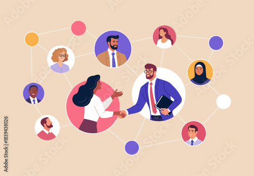 Business Networking. Vector illustration of diverse professionals connected in a network, shaking hands and building partnerships. Concept of communication, collaboration and business relationships.
