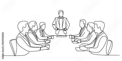 Business meeting in progress: a group of professionals in a conference room with one leader presenting ideas to colleagues, illustrated in a clean, minimalist line art style. Vector, illustration