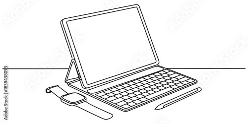 Minimalist line art of a modern tablet with keyboard, stylus, and smartwatch, representing digital productivity and connectivity on a clean surface. Vector, illustration
