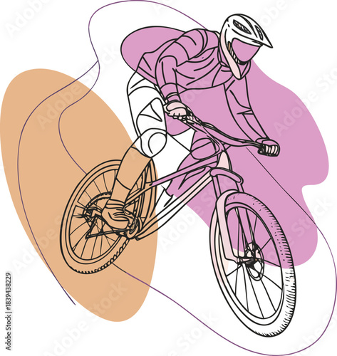 Dynamic line art illustration featuring a mountain biker in full gear descending a trail with abstract 