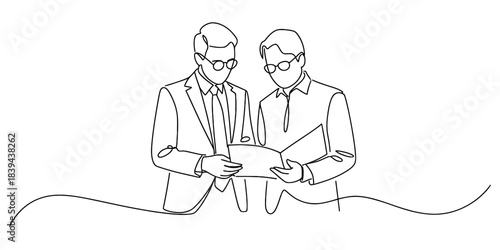 Minimalist continuous line drawing of two businessmen in suits and glasses reviewing a document together, symbolizing collaboration and business discussion in a modern style. Vector, illustration