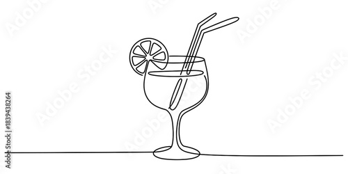 Single line drawing of a refreshing cocktail with a lime slice and two straws in a wine glass, perfect for summer drinks and party themes. Vector, illustration