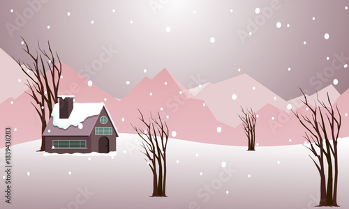 Winter snowfall landscape with a snow-covered house and bare trees against a soft pink mountain backdrop, evoking a serene and tranquil atmosphere of the cold season