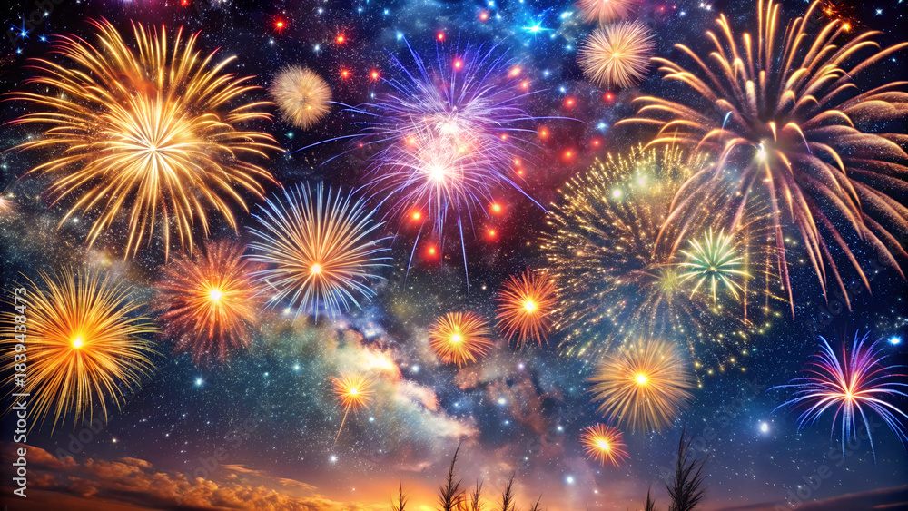 Naklejka premium Colorful abstract pyrotechnics light up the black night sky during a New Year celebration display