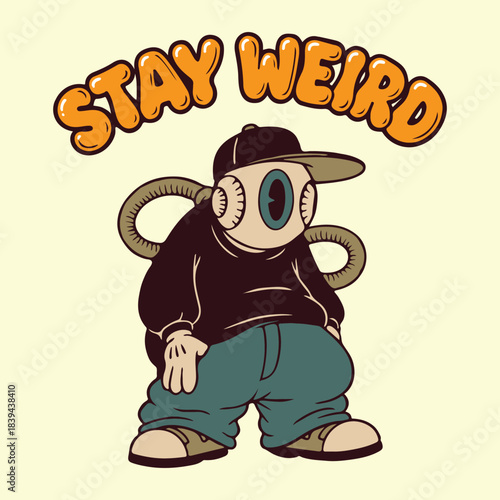 Retro Cartoon Eyeball Mascot with "Stay Weird" Bubble Lettering (AI Generated)