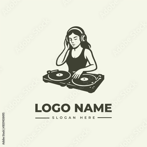 Female DJ crafting beats on turntables, a striking vector logo illustration featuring an engraving style for audio entertainment.
