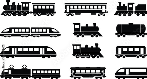 Train icon collection, steam and electric locomotives, passenger and cargo cars, silhouette grid, railway transport, vector illustration, design