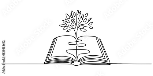 Elegant one-line drawing of an open book with a tree growing from its pages, symbolizing knowledge, growth, and learning. isolated on white. Vector, illustration