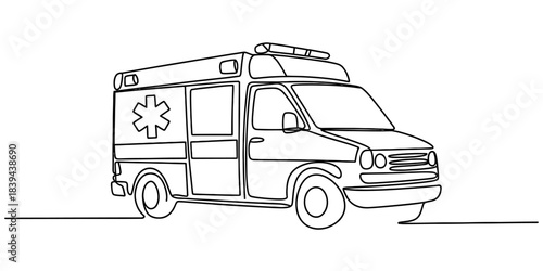 Minimalist line drawing of an ambulance vehicle with a star of life emblem, isolated on a white background, symbolizing emergency medical transport and healthcare services. Vector, illustration