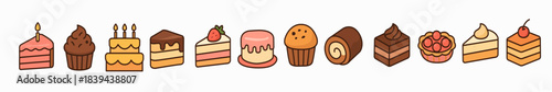 Cute Dessert and Cake Icons Set – Sweet Pastry, Cupcakes, Muffins and Chocolate Treats in Cartoon Style on White Background