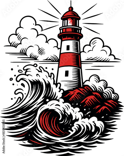 Lighthouse Waves Nautical Vintage Vector Design