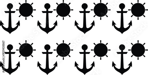 Nautical symbol pattern, anchor and ship wheel silhouettes, maritime design, seamless vector layout, ocean theme, black icons, symmetry grid