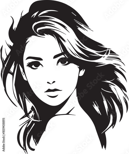 Fashion woman portrait vector sketch. Black and white line art girl face for hairstyle and makeup branding.