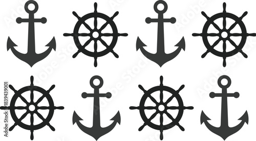 Nautical icon grid, anchor and ship wheel pattern, maritime symbols, seamless marine design, ocean theme, symmetrical layout, vector illustration