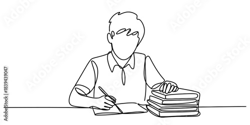 Continuous line drawing of a student sitting at a desk with a stack of books, writing in a notebook with a pen, isolated on a white background Vector, illustration